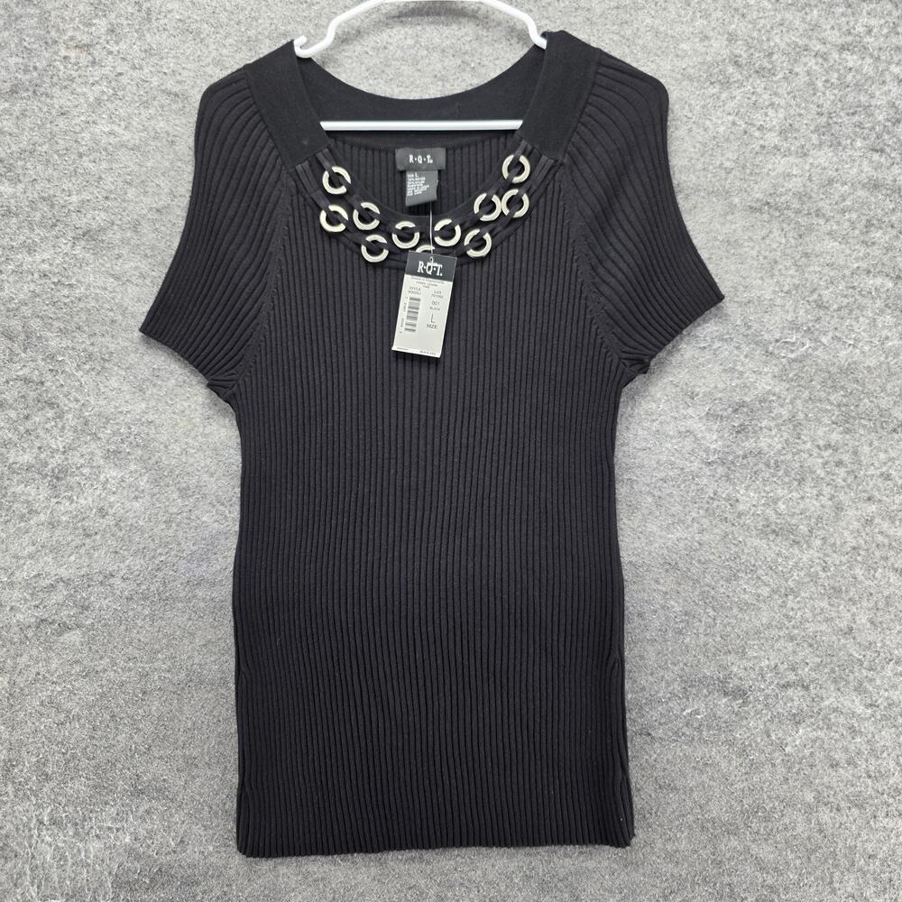 R.Q.T T-Shirt Womens L Black Ribbed Short Sleeve Round Neck Studded Knit
